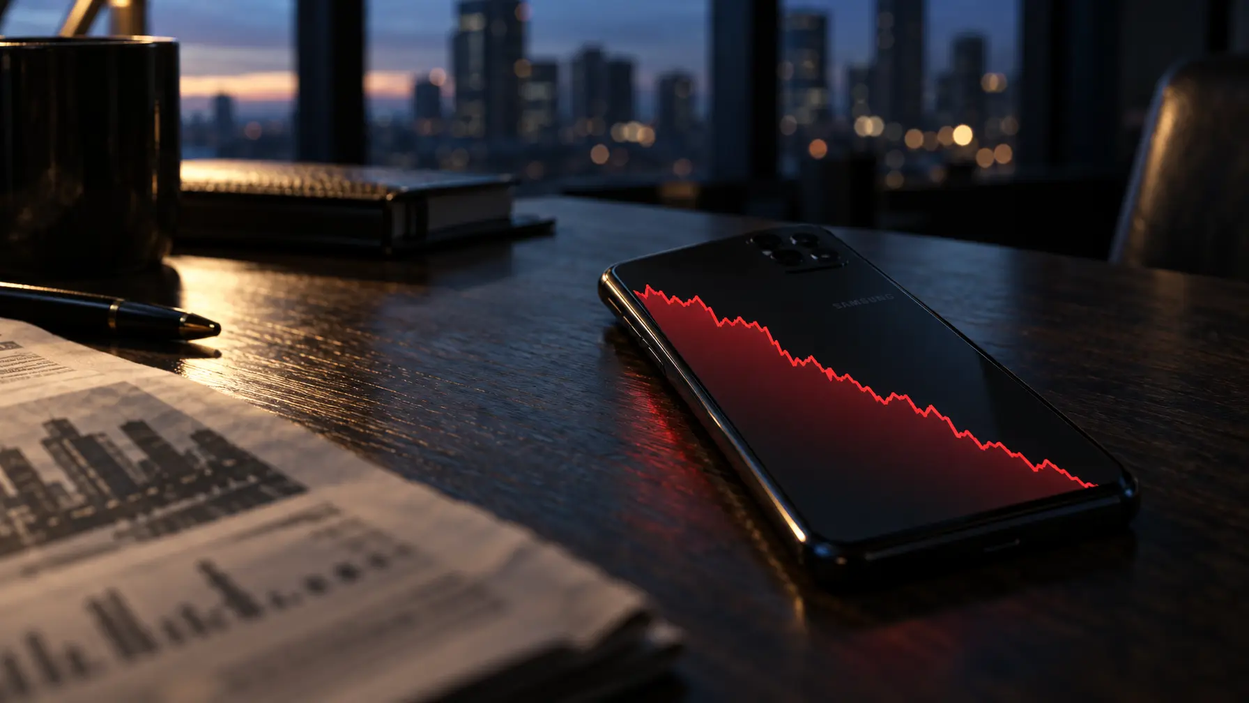 Ein Samsung-Smartphone liegt auf einem dunklen Holztisch, im Gegenlicht zeigt das Display eine steil fallende rote Aktienkurve.