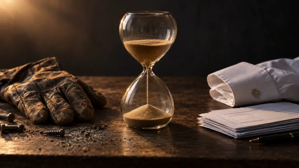 Sanduhr zwischen einem Arbeitshandschuh und einem Stapel Lohnabrechnungen als Symbol für Arbeits- und Beitragsjahre.