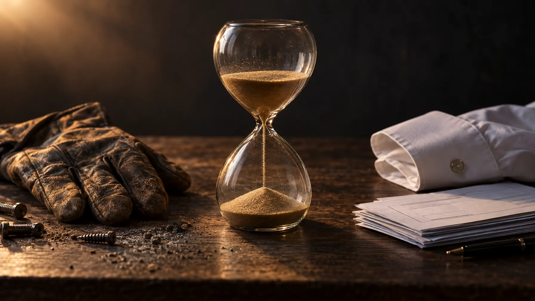 Sanduhr zwischen einem Arbeitshandschuh und einem Stapel Lohnabrechnungen als Symbol für Arbeits- und Beitragsjahre.