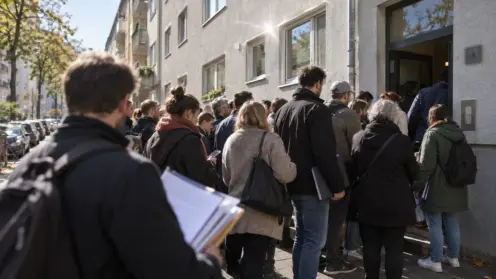 Eine dichte Menschentraube wartet am hellen Mittag vor dem engen Eingang eines Mietshauses auf eine Wohnungsbesichtigung.