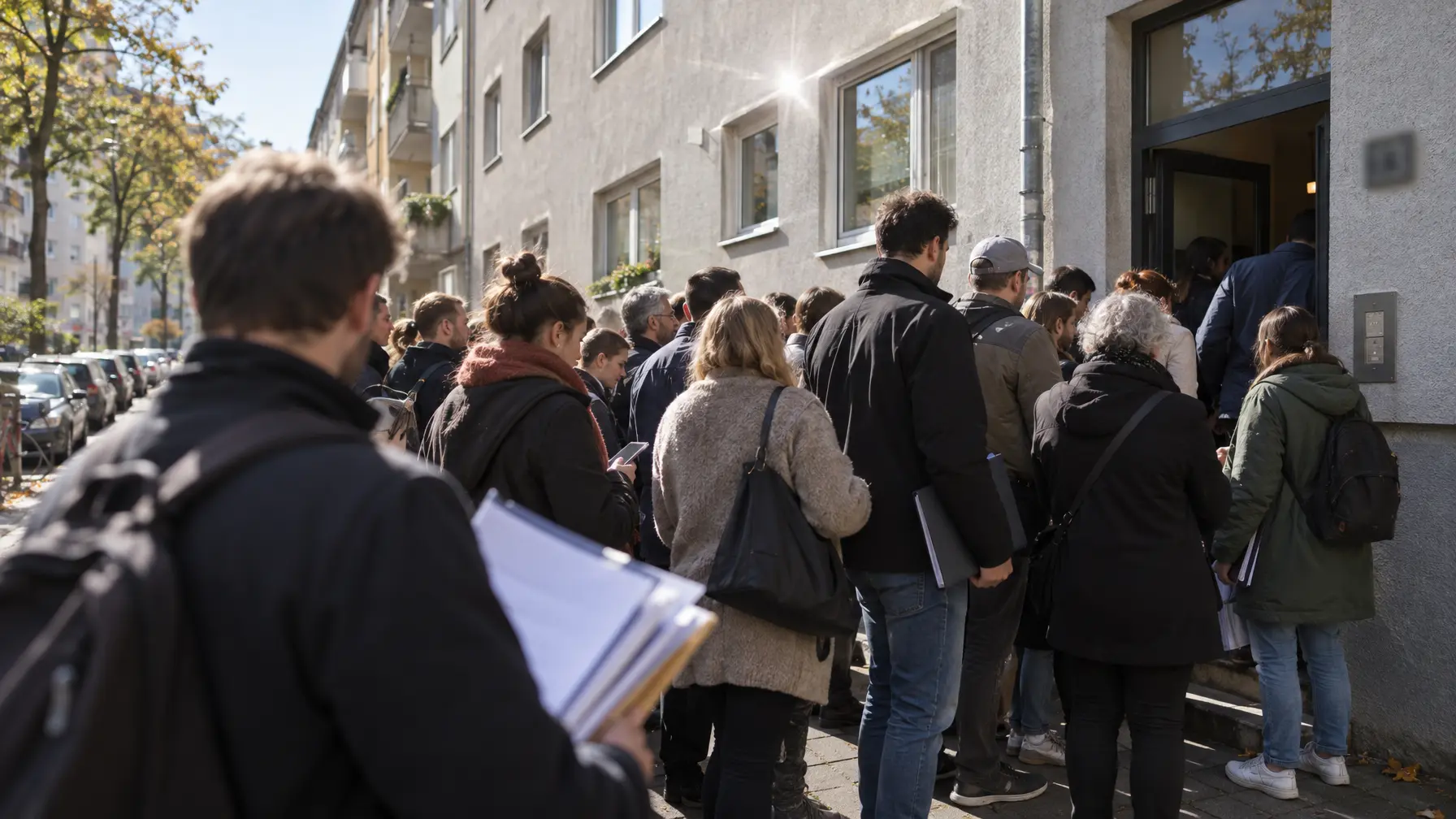 Eine dichte Menschentraube wartet am hellen Mittag vor dem engen Eingang eines Mietshauses auf eine Wohnungsbesichtigung.
