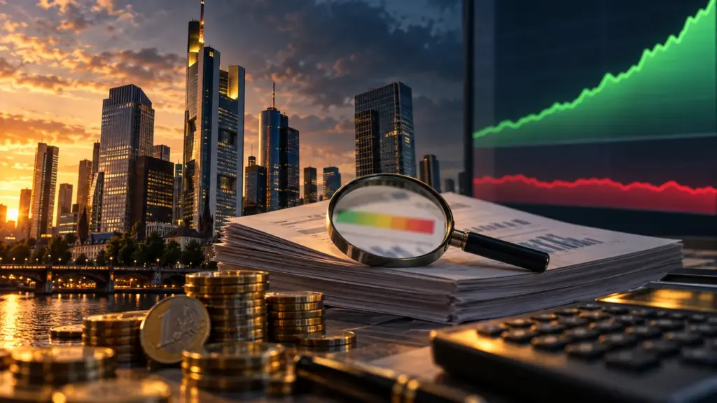 Montage aus Bankentürmen, Finanzdokumenten mit Lupe und einer grün-roten Kursfläche als Sinnbild für den ELTIF-Ratingcheck