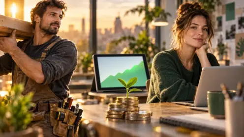 Montage aus Handwerker, Designerin am Laptop und wachsender Münzstapel mit grüner Kurve im Hintergrund.