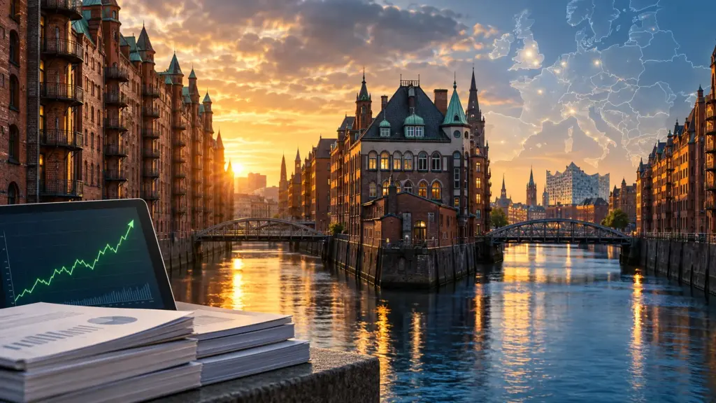 Hamburger Speicherstadt mit Fondsunterlagen und grüner Kursfläche im Vordergrund.