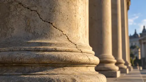 Nahaufnahme einer klassizistischen Steinsäule mit einem feinen Riss im warmen Streiflicht.