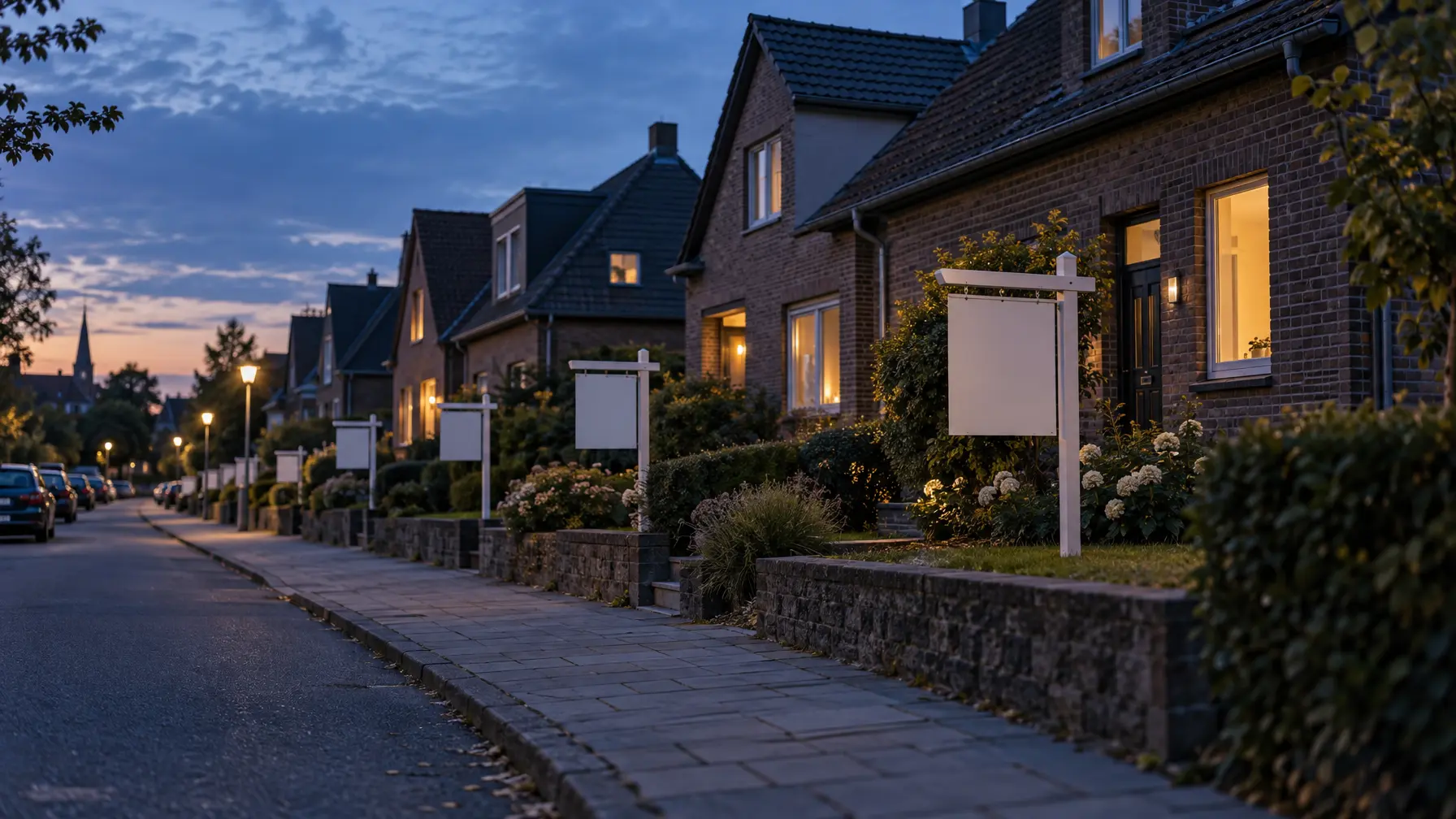 Reihenhausstraße in der blauen Stunde mit mehreren blanken Verkaufsschildern vor den Häusern