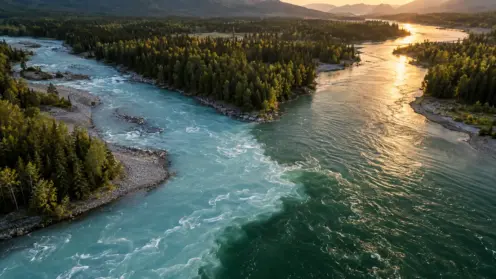 Luftaufnahme einer Flussmündung, bei der ein blauer und ein grüner Wasserlauf zu einem Strom verschmelzen.