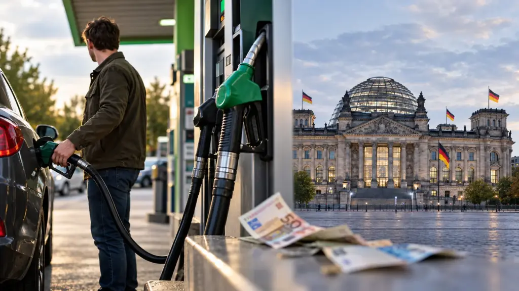 Montage: Autofahrer tankt, daneben das Reichstagsgebäude.