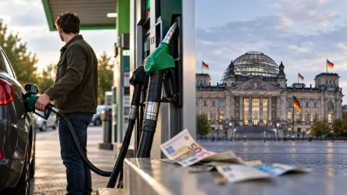 Montage: Autofahrer tankt, daneben das Reichstagsgebäude.