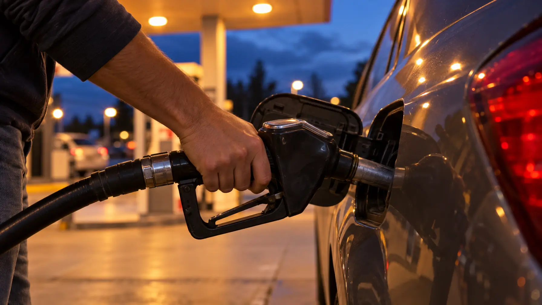 Hand führt eine Zapfpistole in den Tankstutzen eines Autos an einer Tankstelle in der Abenddämmerung.
