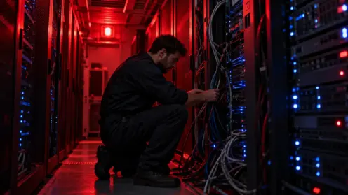 Techniker kniet in dunklem Serverraum vor Racks, rotes Alarmlicht erzeugt bedrohliche Stimmung