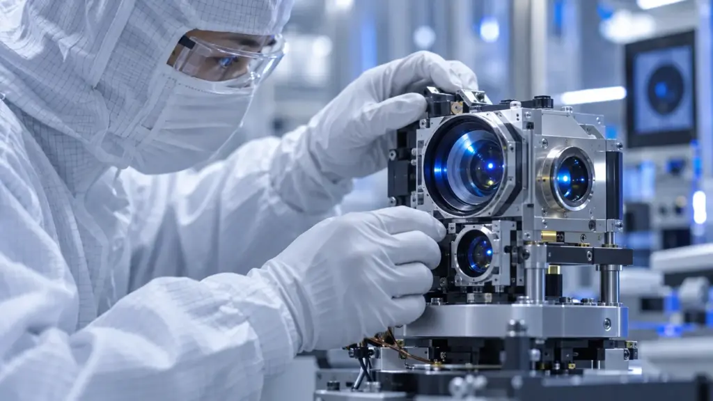 Ein Techniker im Reinraum justiert ein optoelektronisches Sensormodul im kühlen Blaulicht.