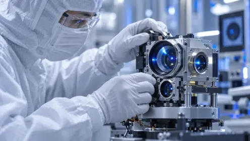 Ein Techniker im Reinraum justiert ein optoelektronisches Sensormodul im kühlen Blaulicht.