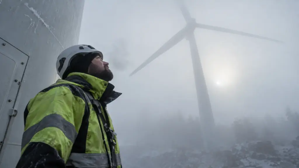 Wartungstechniker blickt im dichten Nebel zu den reglosen Rotorblättern einer Windkraftanlage auf.