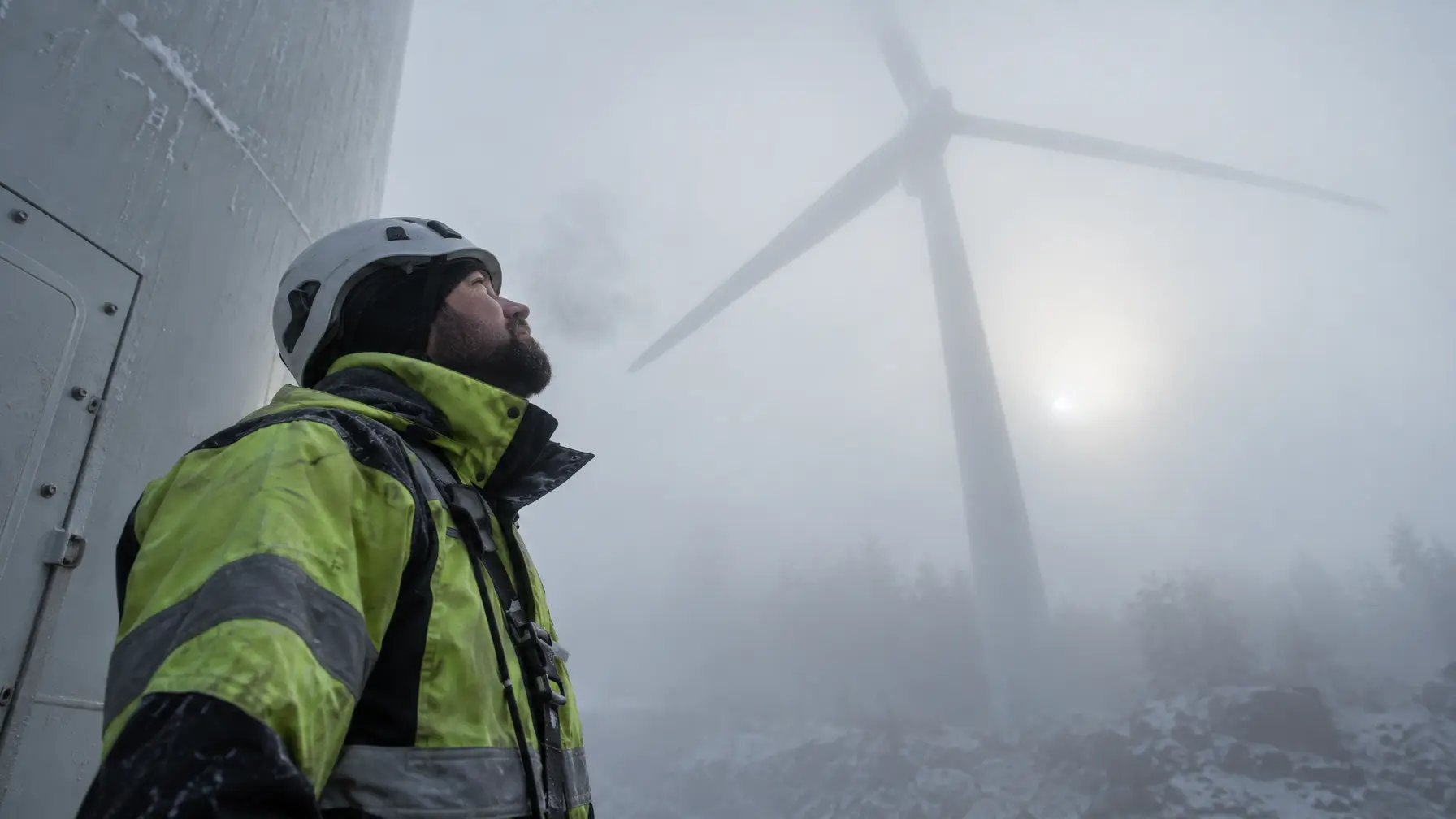 Wartungstechniker blickt im dichten Nebel zu den reglosen Rotorblättern einer Windkraftanlage auf.