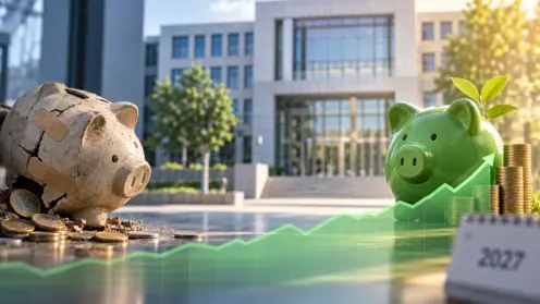 Verwaltungsgebäude im Hintergrund, davor eine grüne, aufsteigende Kurve als Symbol für positive Entwicklung.