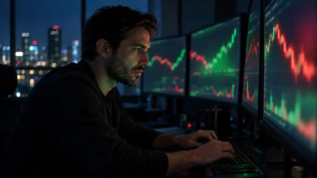 Ein Trader sitzt nachts im Lichtschein grün-roter Börsenbildschirme und beobachtet die Kurse.