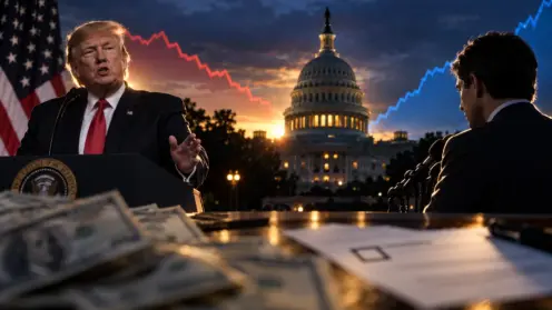 Fotomontage mit Donald Trump am Rednerpult, dem US-Kapitol im Gegenlicht, einem Mann im Profil an Mikrofonen, Dollarnoten und einem Stimmzettel im Vordergrund.