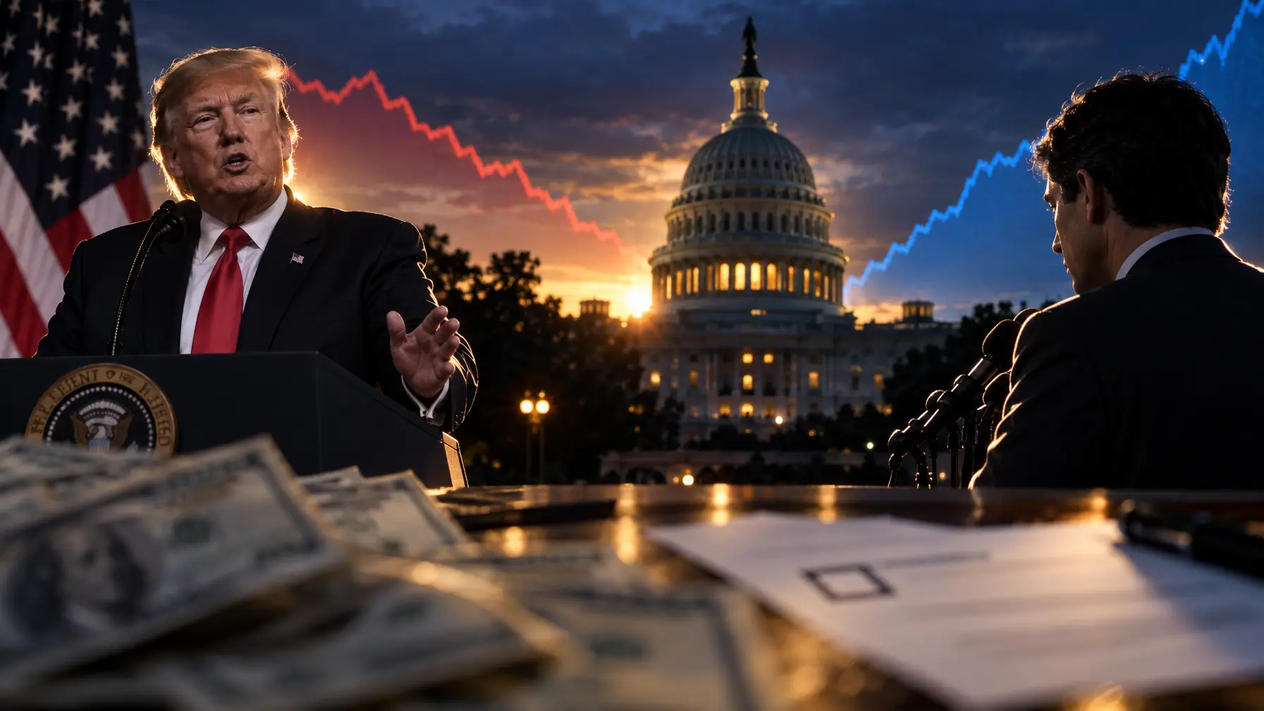 Fotomontage mit Donald Trump am Rednerpult, dem US-Kapitol im Gegenlicht, einem Mann im Profil an Mikrofonen, Dollarnoten und einem Stimmzettel im Vordergrund.