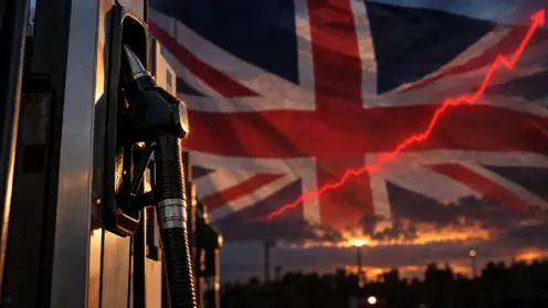 Eine Zapfsäule steht im Vordergrund vor einer großen britischen Flagge, im Hintergrund ist eine rote, steil ansteigende Kurslinie zu sehen.