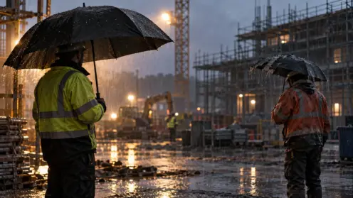 Zwei Bauarbeiter im Regen, einer unter einem großen, einer unter einem kleinen löchrigen Regenschirm