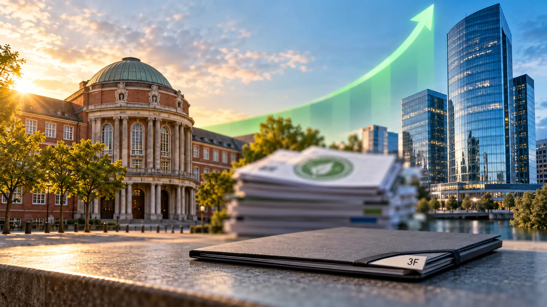 Titelbild-Montage: Universität-Hamburg-Gebäude, Forschungsdokumente mit Siegel und grüne Wachstumskurve im Hintergrund.