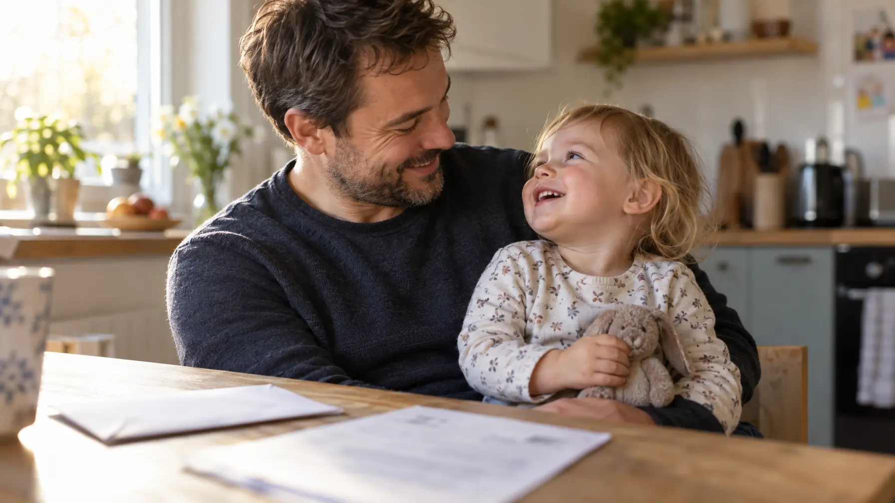 Vater hält ein Kleinkind am Küchentisch, im Vordergrund liegt unscharf ein Brief der Rentenversicherung.