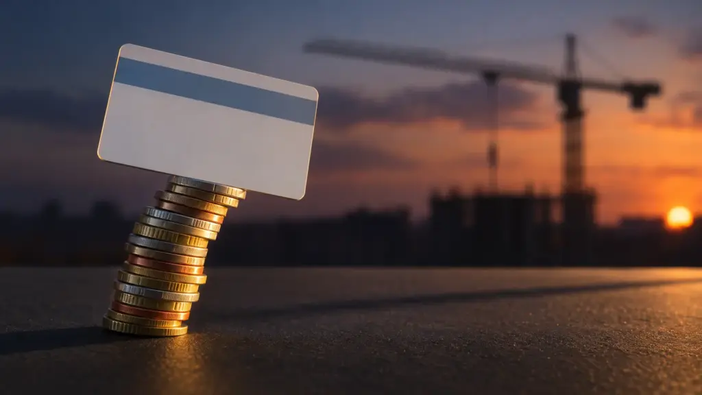 Versichertenkarte balanciert auf einem kippenden Stapel Euro-Münzen vor der Silhouette eines Baukrans