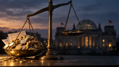 Eine Balkenwaage kippt, eine Schale voller Euro-Münzen vor der unscharfen Reichstagskuppel