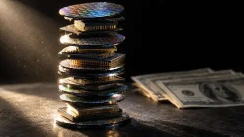 Hoch aufgetürmter Stapel aus Halbleiter-Chips wirft einen Schatten über Dollarnoten im Dunkeln.