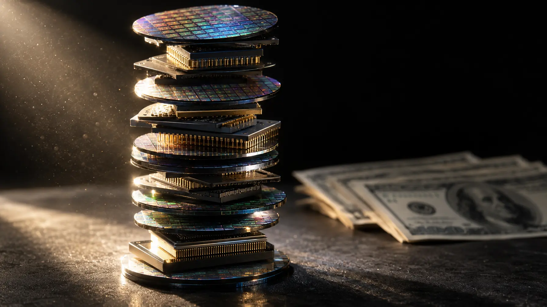 Hoch aufgetürmter Stapel aus Halbleiter-Chips wirft einen Schatten über Dollarnoten im Dunkeln.
