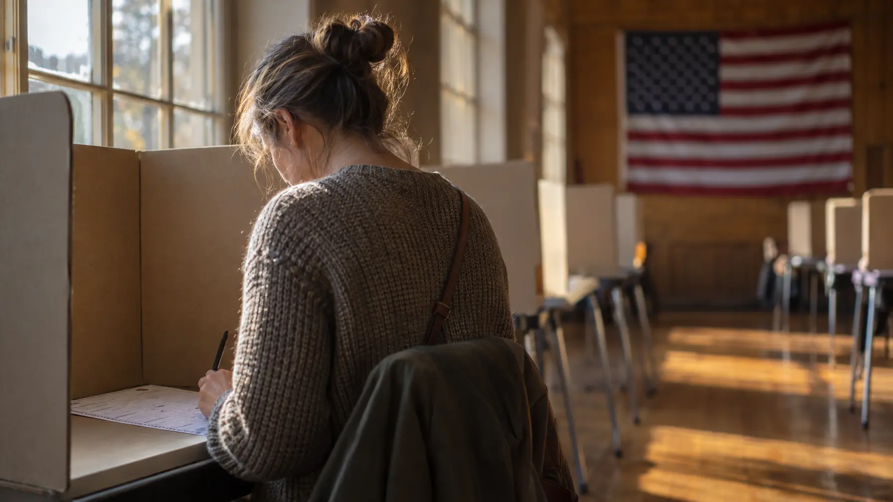 Eine Wählerin markiert im Morgenlicht einen Stimmzettel in einer amerikanischen Wahlkabine.
