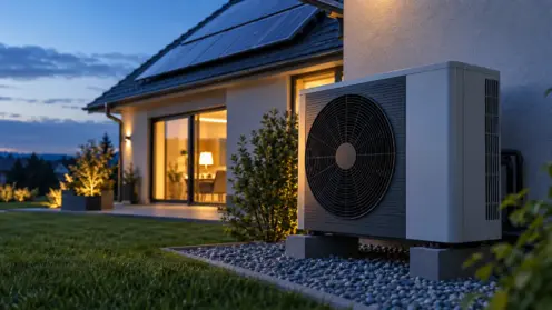 Außeneinheit einer Wärmepumpe neben einem Einfamilienhaus mit Photovoltaikanlage in der blauen Stunde
