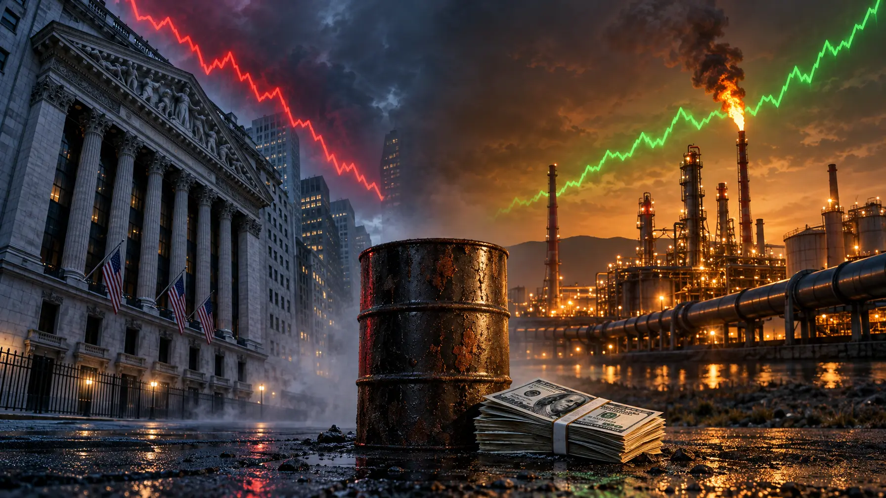 Split-Bild mit fallender roter Kurve über der Wall Street links und steigender grüner Kurve über einer Ölanlage rechts.