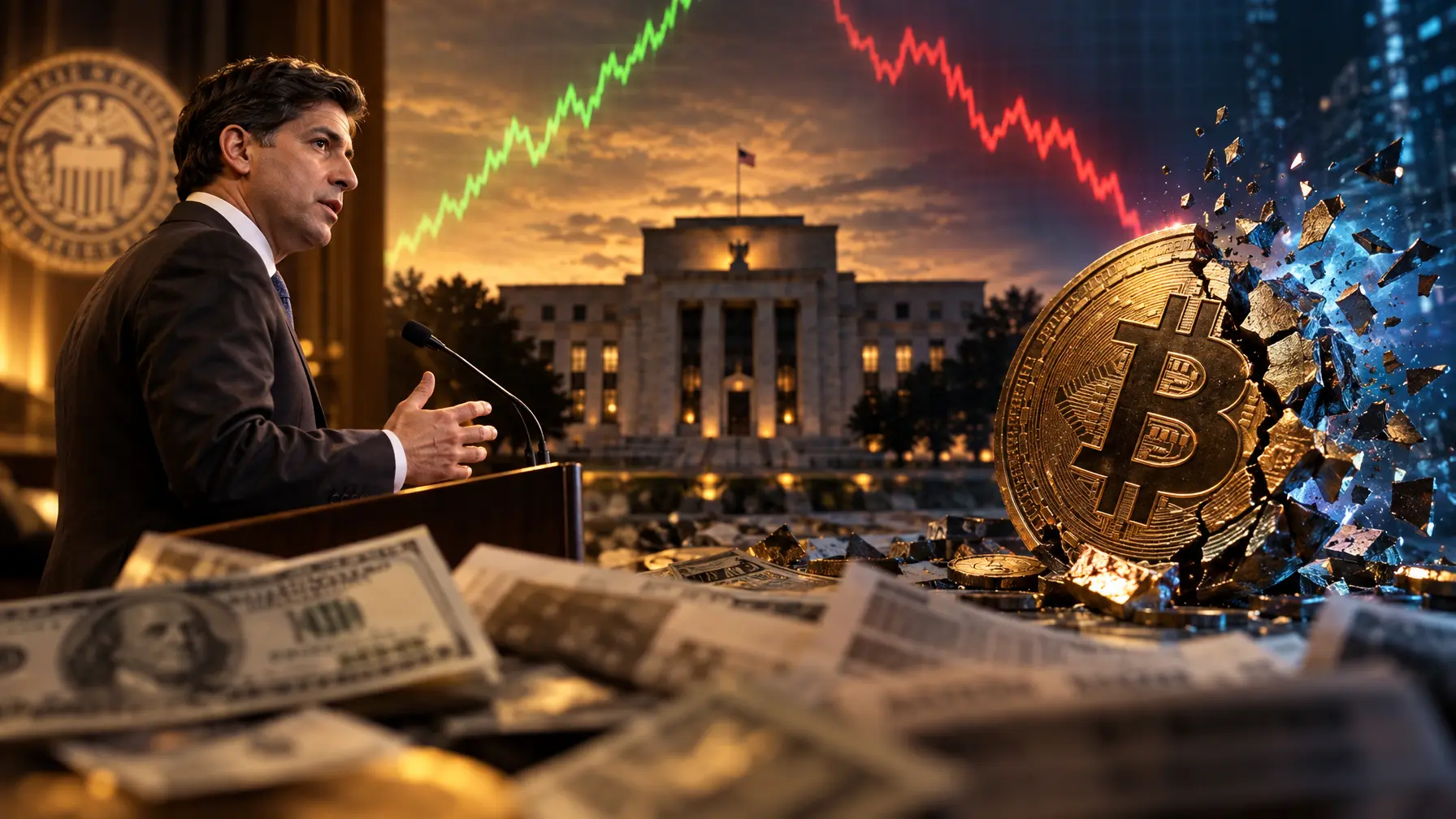 Montage aus Fed-Chef Kevin Warsh, Federal-Reserve-Gebäude, zerspringender Bitcoin-Münze und geteiltem Kursverlauf