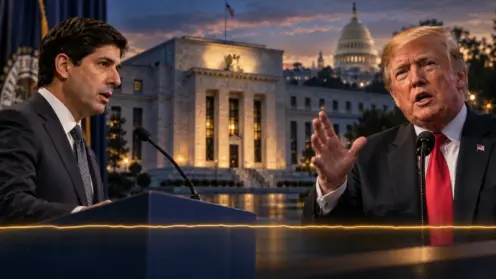 Montage mit Kevin Warsh am Rednerpult, Donald Trump und dem Eccles Building der Federal Reserve