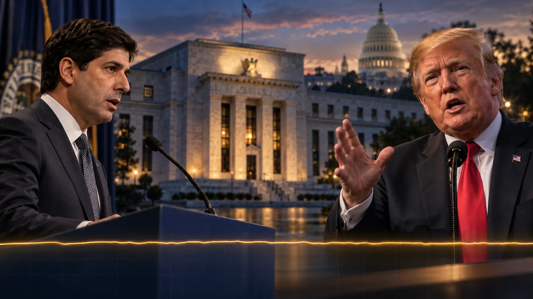 Montage mit Kevin Warsh am Rednerpult, Donald Trump und dem Eccles Building der Federal Reserve