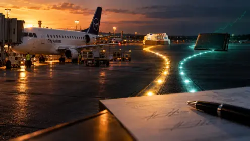 Montage aus Flugzeug am Gate, geteiltem Rollfeldpfad zu Geldscheinen und Sparbuch sowie einem Tarifvertrag