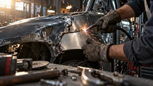 Ein Mechaniker montiert im Seitenlicht ein neues Blechteil an einen beschädigten Kotflügel, im Vordergrund unscharfe Werkzeuge und Funken.