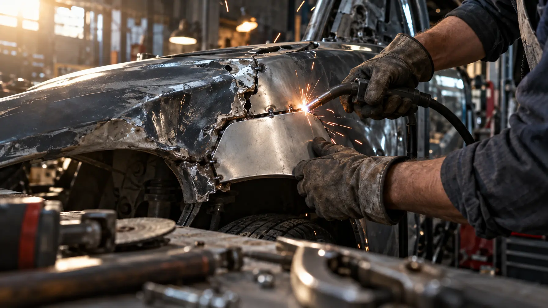 Ein Mechaniker montiert im Seitenlicht ein neues Blechteil an einen beschädigten Kotflügel, im Vordergrund unscharfe Werkzeuge und Funken.