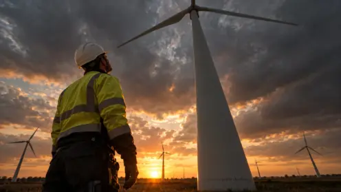 Windkraft-Techniker blickt zu stillstehenden Rotorblättern vor dramatischem Abendhimmel auf