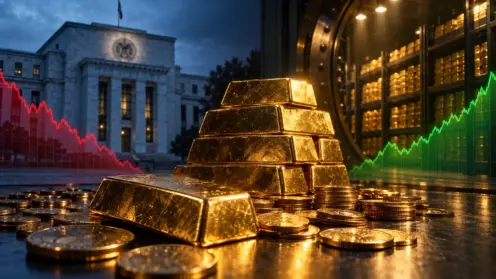Montage aus Fed-Gebäude mit fallender roter Kurve und Zentralbank-Tresor mit Goldbarren und steigender grüner Kurve.