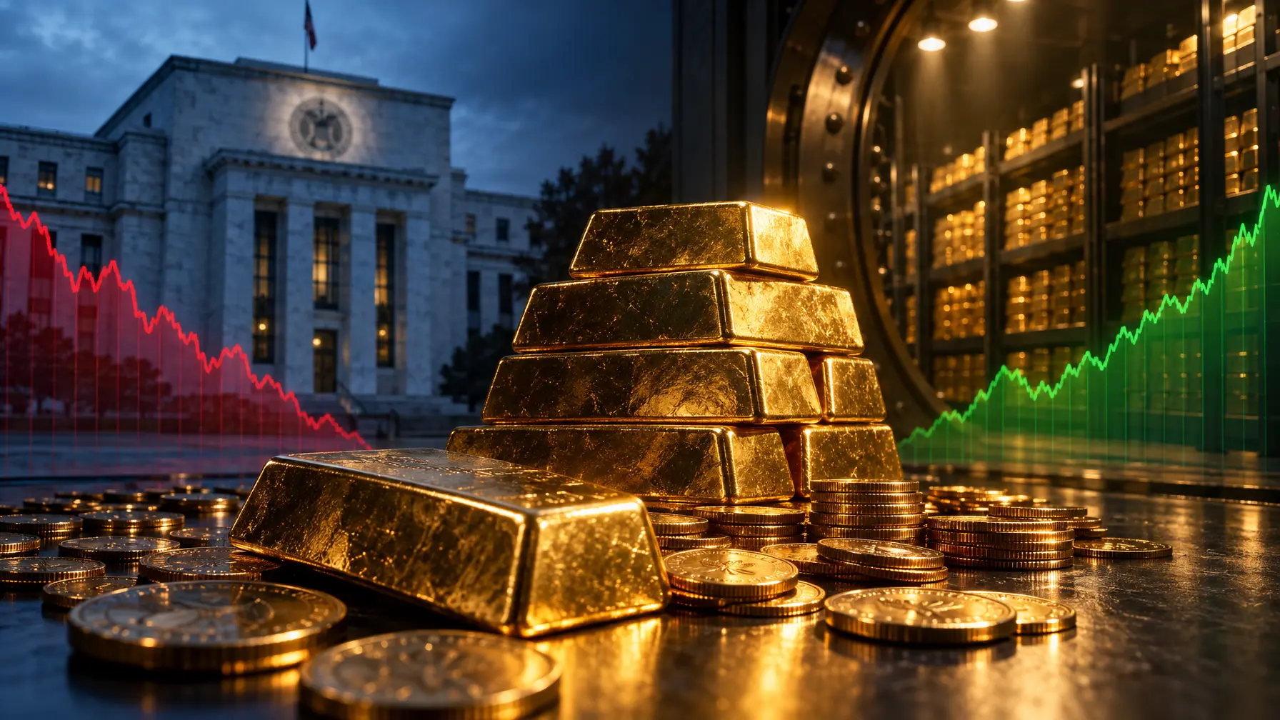 Montage aus Fed-Gebäude mit fallender roter Kurve und Zentralbank-Tresor mit Goldbarren und steigender grüner Kurve.